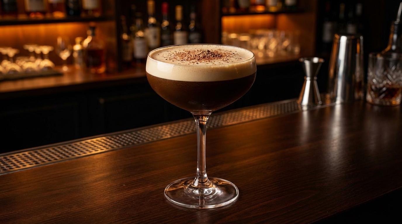 Midnight Velvet Mocha espresso cocktail being prepared in a professional brass cocktail shaker.