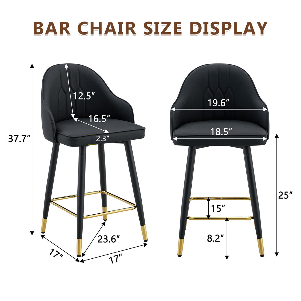 Black PU Leather Bar Stools – Set of 2 | 37.7" High with Ergonomic Backrest & Gold Footrest