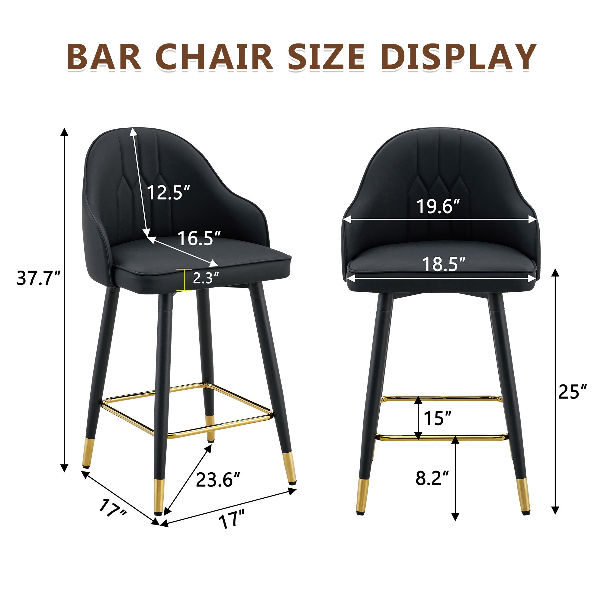 Black PU Leather Bar Stools – Set of 2 | 37.7" High with Ergonomic Backrest & Gold Footrest