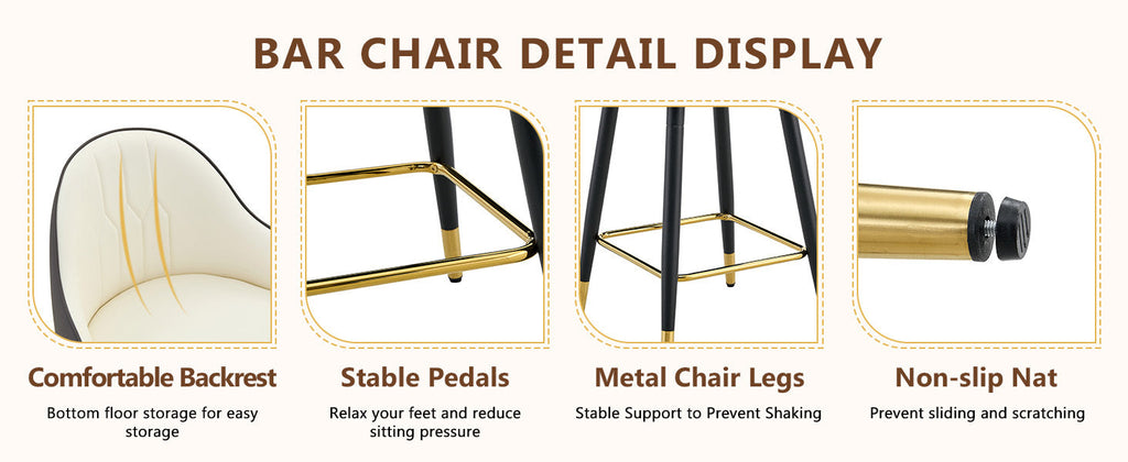 White & Dark Gray PU Leather Bar Stools – Set of 2 | 37.7" High with Ergonomic Backrest & Gold Footrest