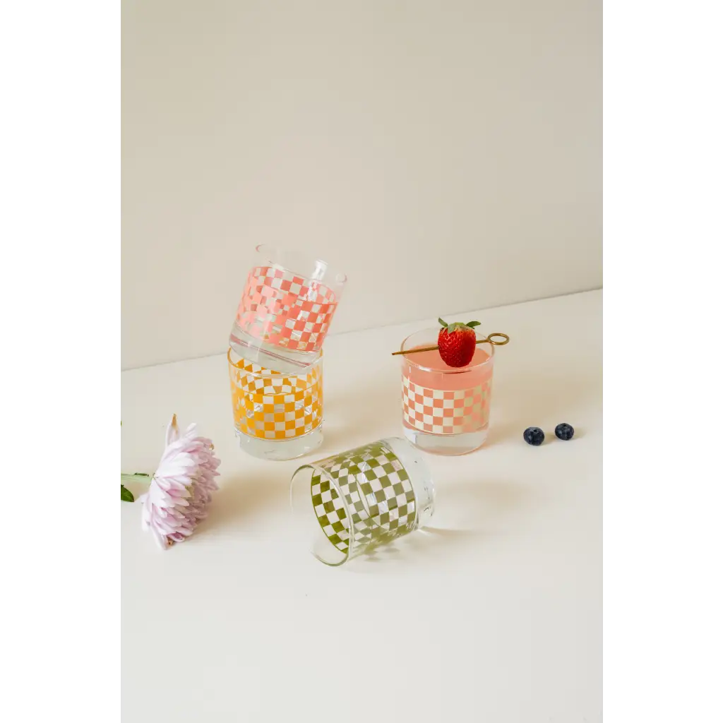 11 oz Checkerboard Cocktail Glasses – Set of 2 Retro Stemless Coupe Glasses