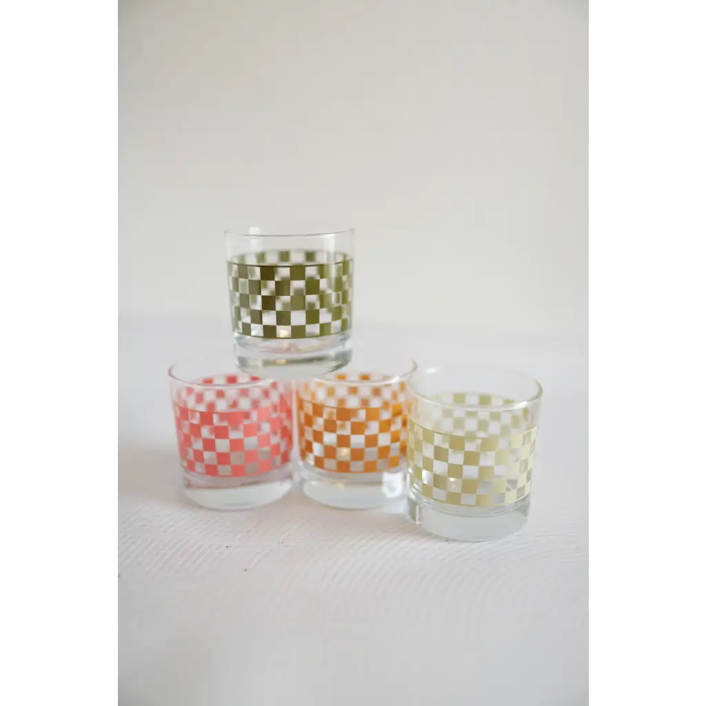 11 oz Checkerboard Cocktail Glasses – Set of 2 Retro Stemless Coupe Glasses