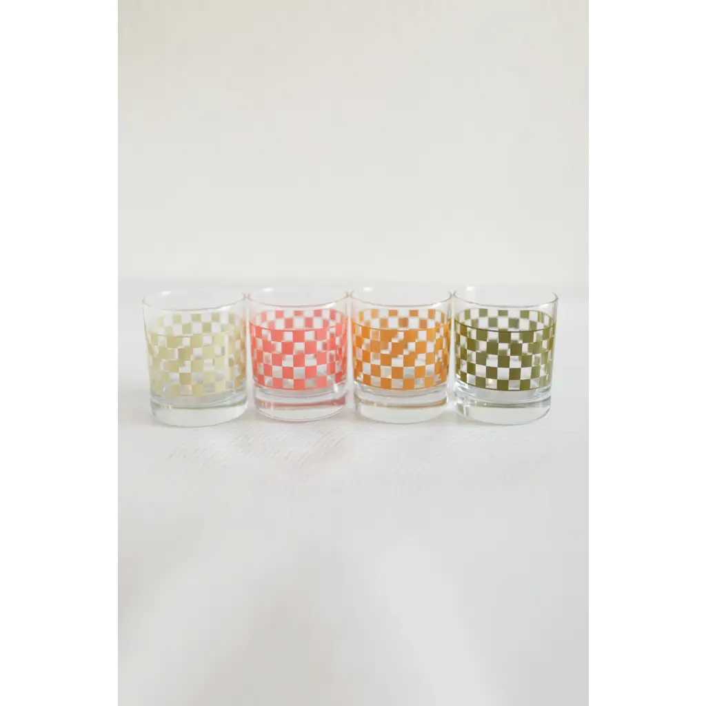 11 oz Checkerboard Cocktail Glasses – Set of 2 Retro Stemless Coupe Glasses