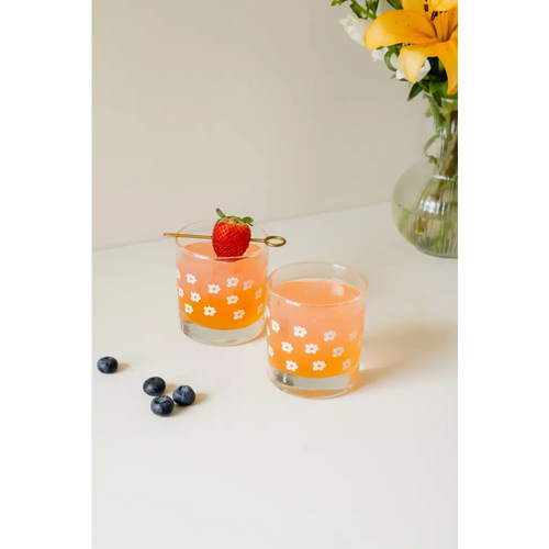11 oz Floral Checkered Cocktail Glass – Heavy-Base Rocks Glass with Screen Print