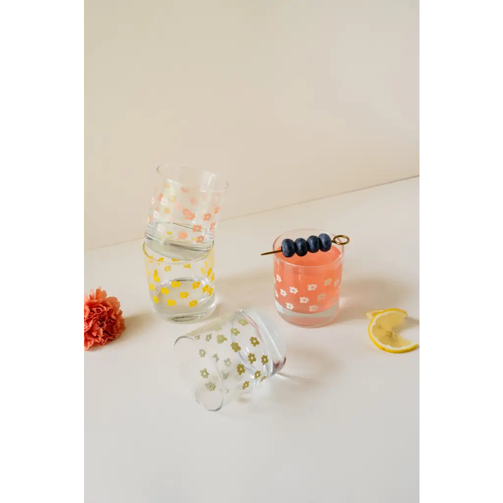 11 oz Floral Checkered Cocktail Glass – Heavy-Base Rocks Glass with Screen Print