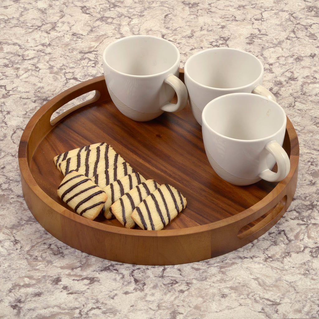 15" Round Acacia Wood Serving Tray with Handles – Bar & Charcuterie Tray