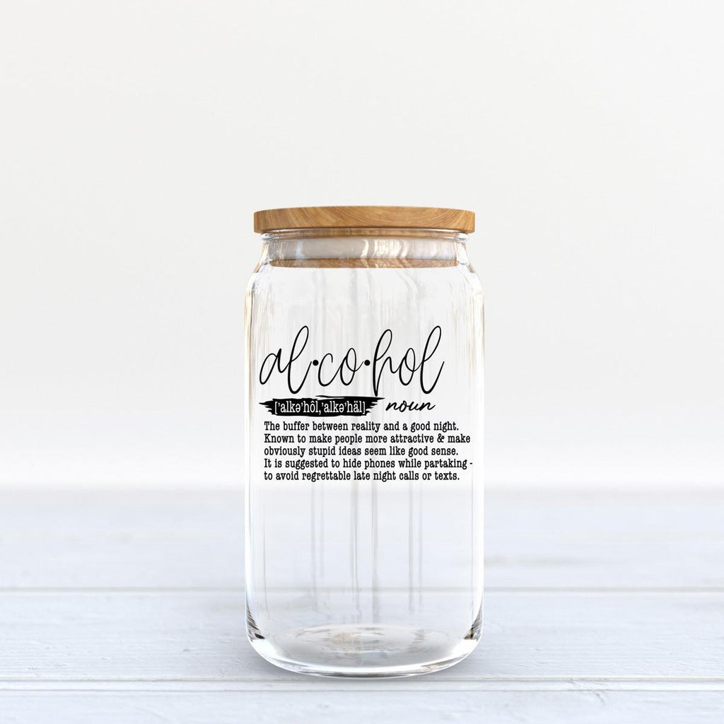 "Alcohol" Definition Glass Can Tumbler – 17oz with Bamboo Lid & Straw