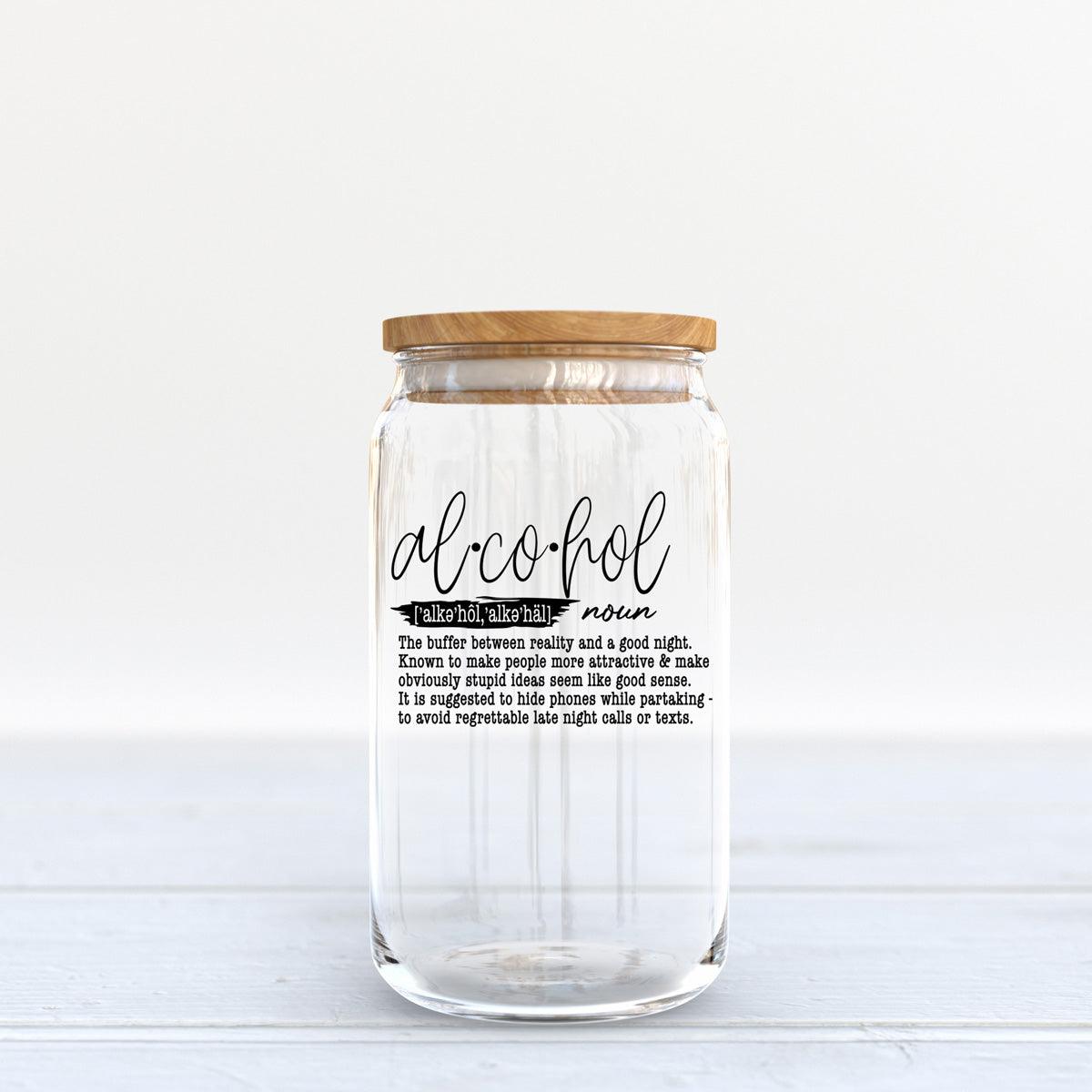 "Alcohol" Definition Glass Can Tumbler – 17oz with Bamboo Lid & Straw