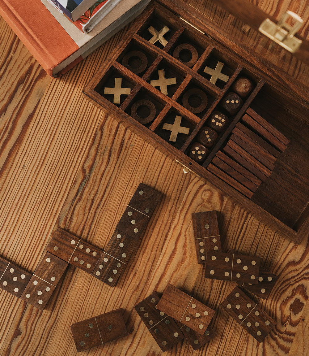 Handcrafted Rosewood 3-in-1 Game Set – Dice, Dominoes & Tic-Tac-Toe with Glass Top Box