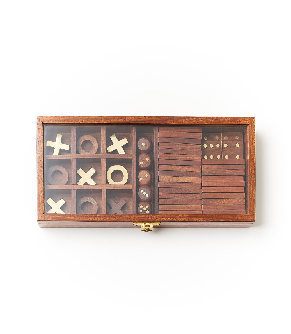 Handcrafted Rosewood 3-in-1 Game Set – Dice, Dominoes & Tic-Tac-Toe with Glass Top Box