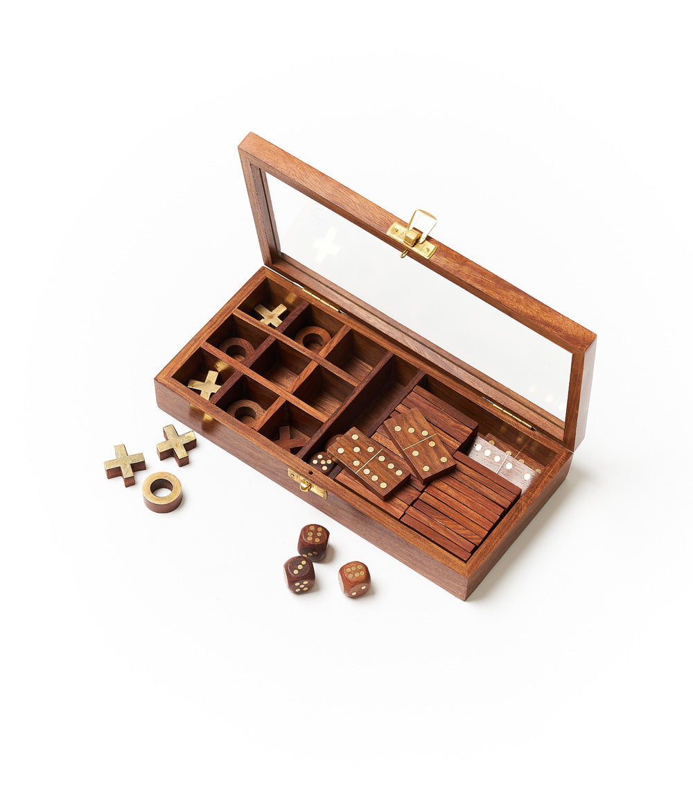 Handcrafted Rosewood 3-in-1 Game Set – Dice, Dominoes & Tic-Tac-Toe with Glass Top Box