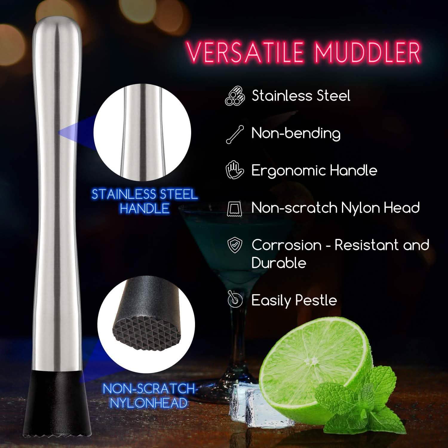 Hiware Stainless Steel Cocktail Muddler & Mixing Spoon Set – 2-Piece Bar Tool Kit