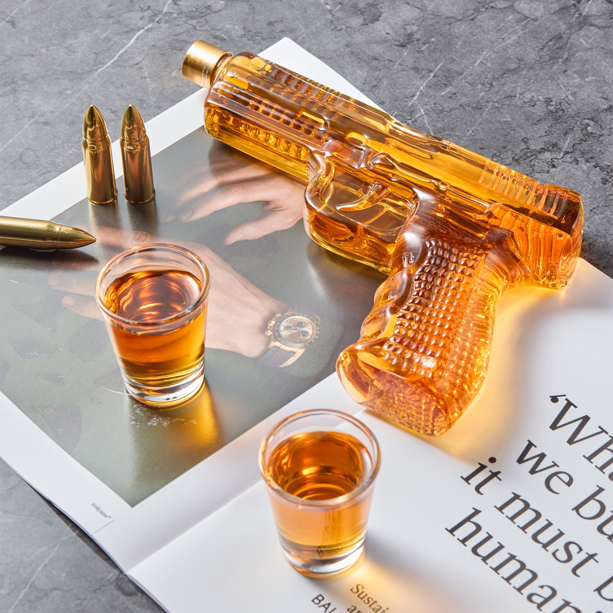 Gun Whiskey Decanter & Shot Glass Set - Lead-Free Borosilicate Glass | Gift Boxed