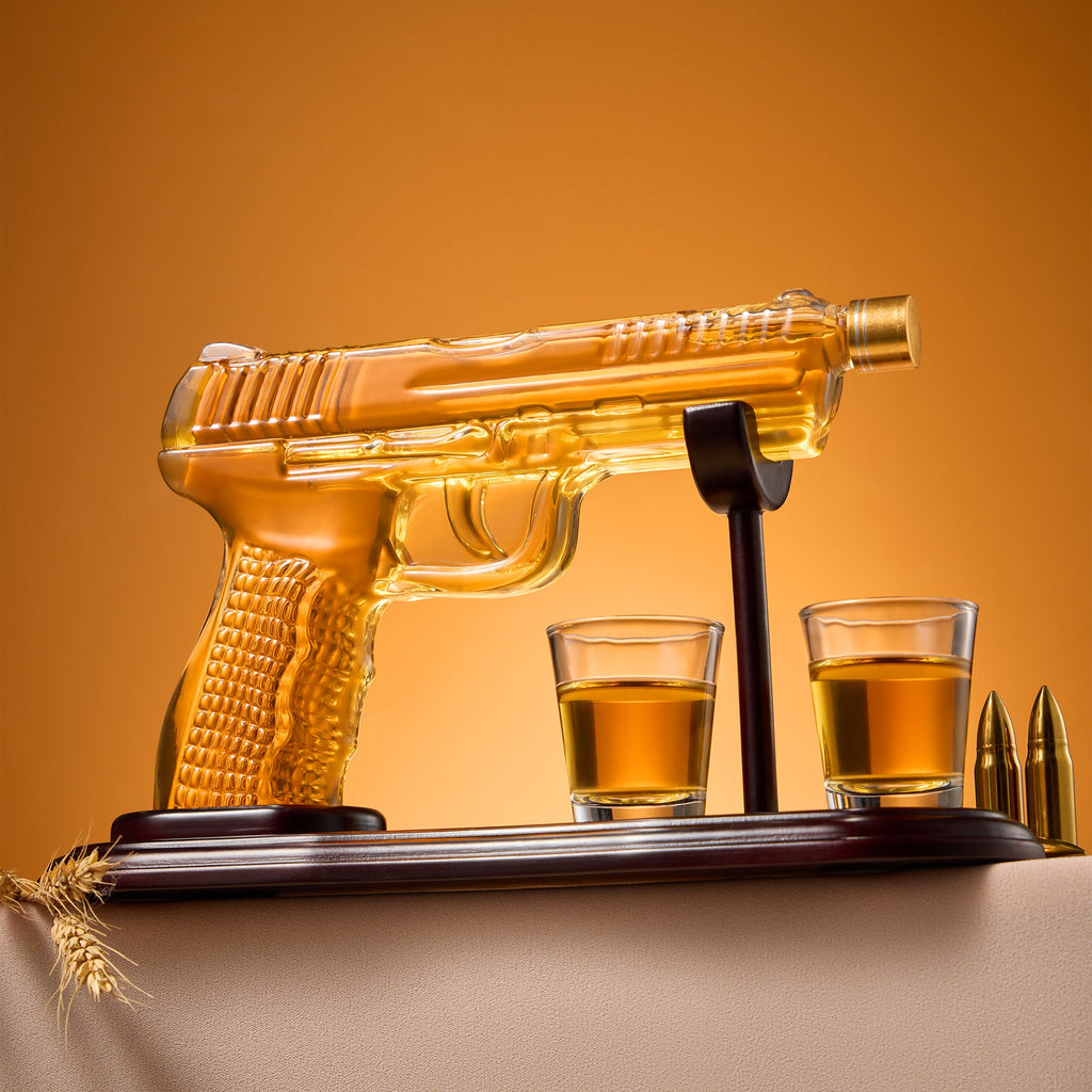 Gun Whiskey Decanter & Shot Glass Set - Lead-Free Borosilicate Glass | Gift Boxed