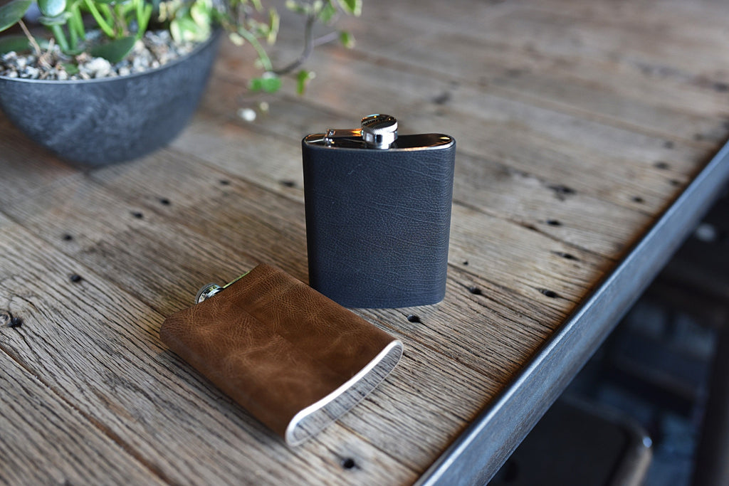 Leather Flask - 8 oz Genuine Leather Hip Flask | Black & Brown