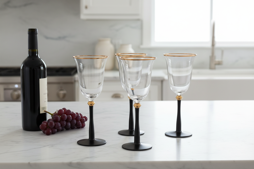 4 Black Stemmed Gold Rim Wine Glasses on Marble Counter