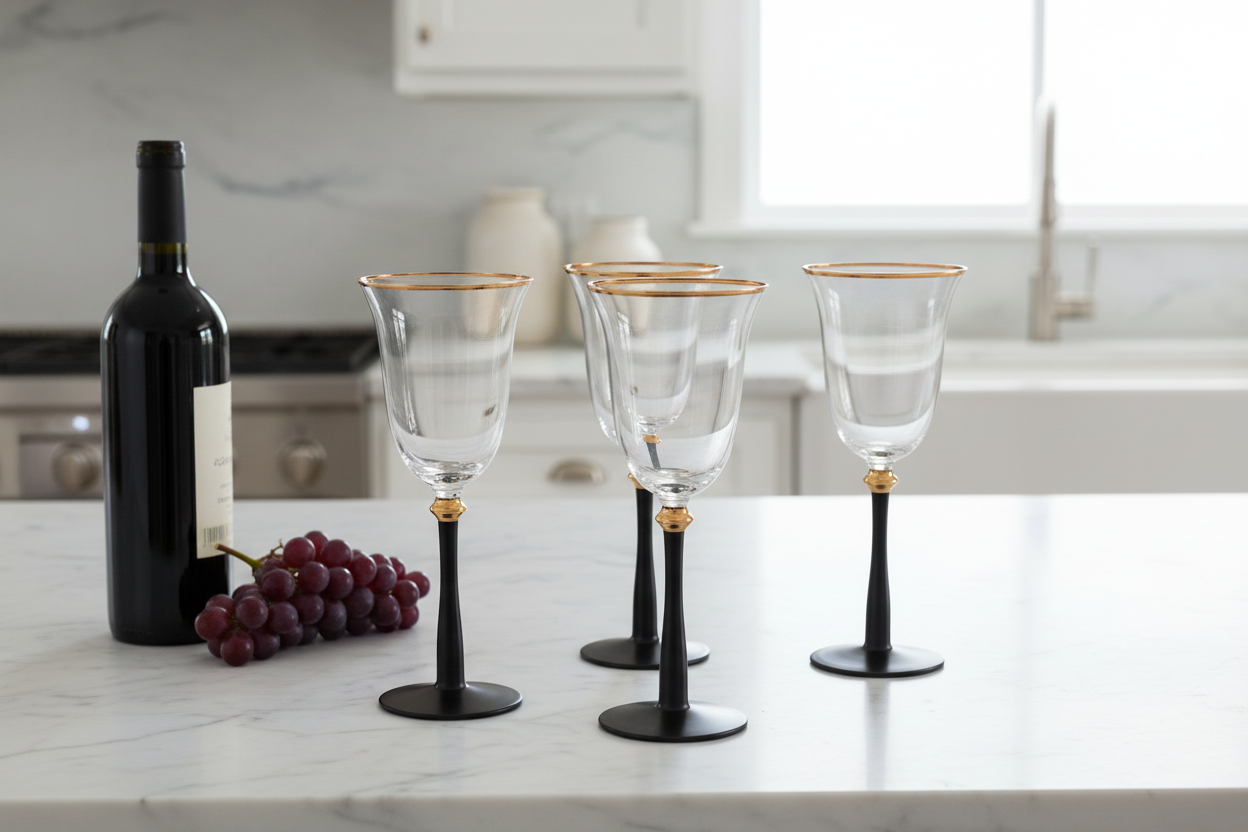 4 Black Stemmed Gold Rim Wine Glasses on Marble Counter