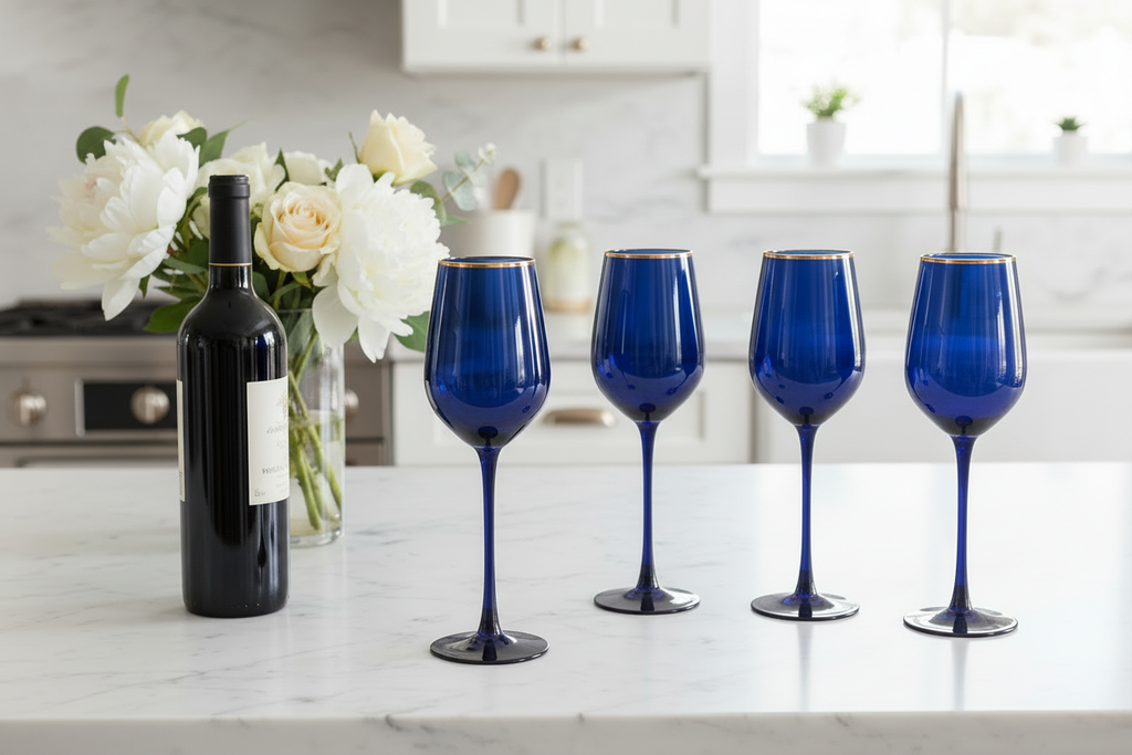 4 Navy Gloss Wine Glasses - Kitchen Setting