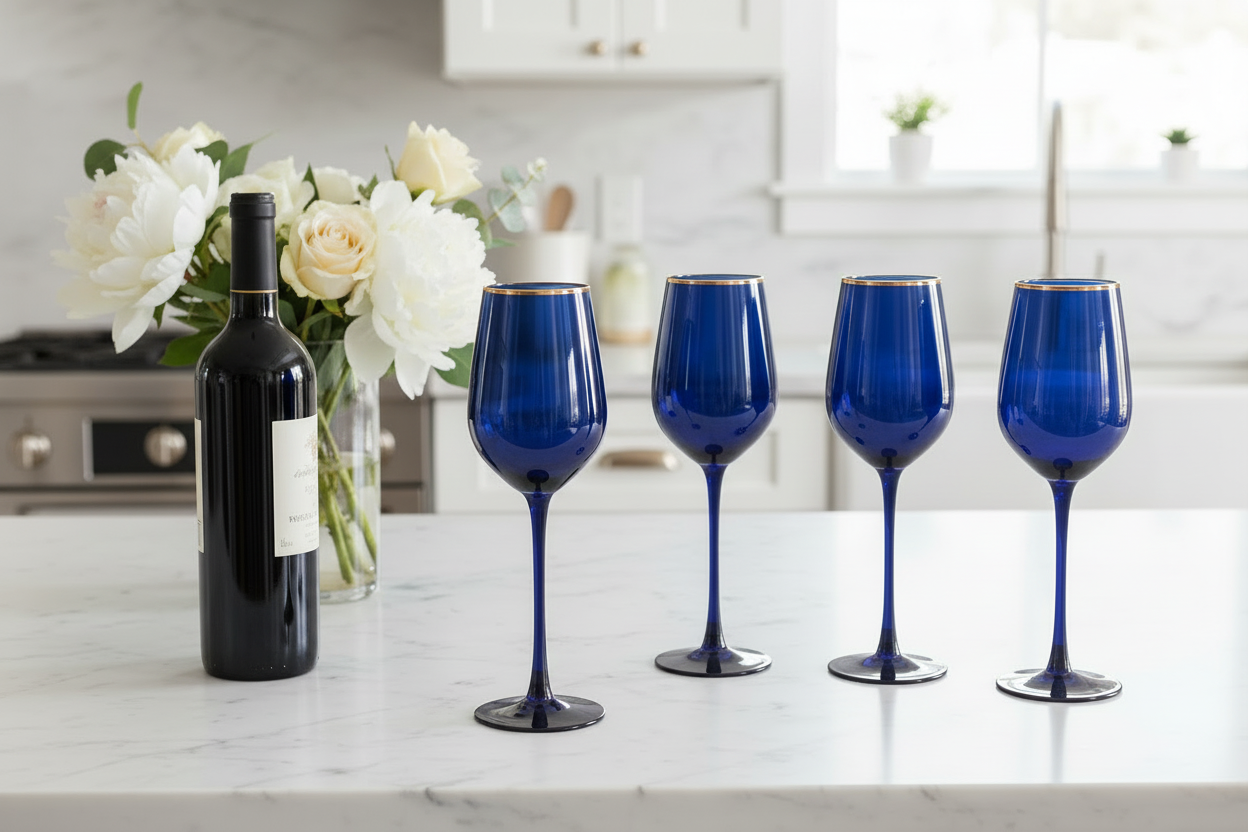 4 Navy Gloss Wine Glasses - Kitchen Setting