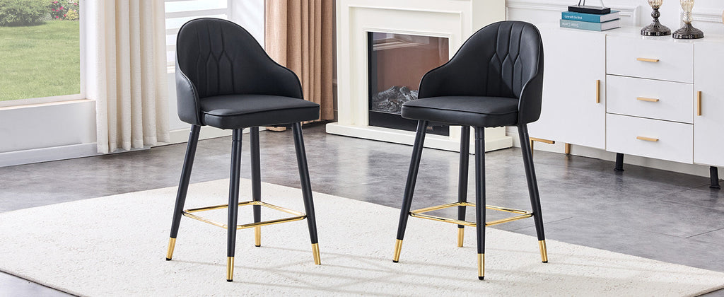 Black PU Leather Bar Stools – Set of 2 | 37.7" High with Ergonomic Backrest & Gold Footrest