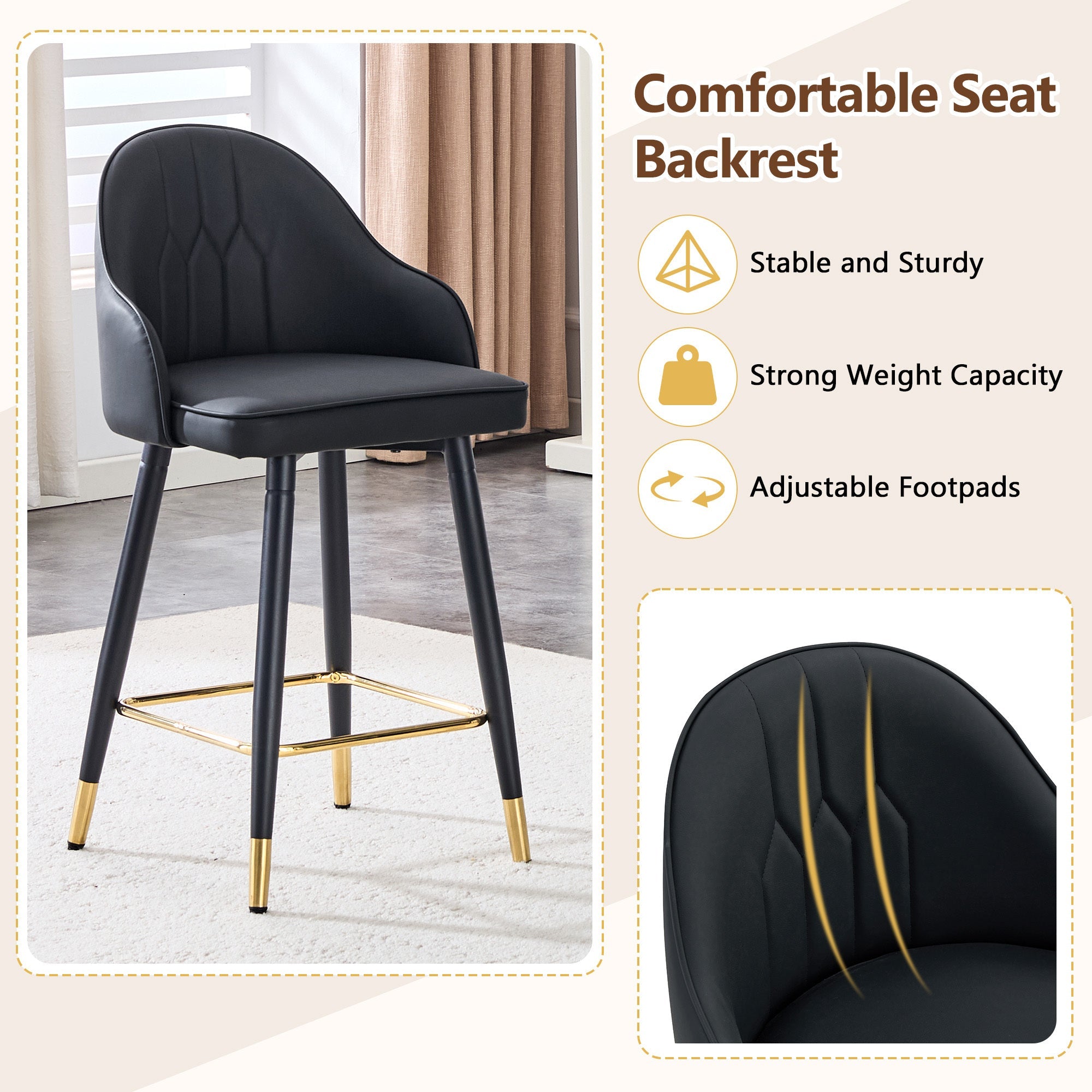 Black PU Leather Bar Stools – Set of 2 | 37.7" High with Ergonomic Backrest & Gold Footrest