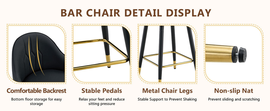 Black PU Leather Bar Stools – Set of 2 | 37.7" High with Ergonomic Backrest & Gold Footrest