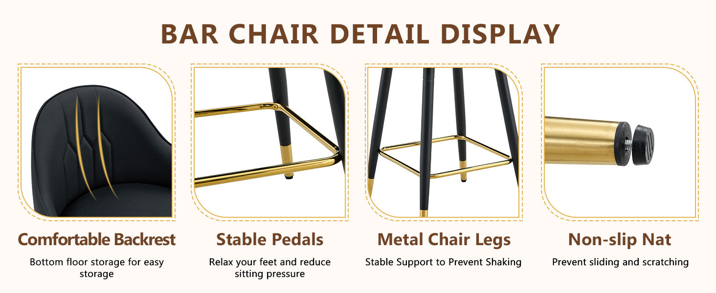Black PU Leather Bar Stools – Set of 2 | 37.7" High with Ergonomic Backrest & Gold Footrest