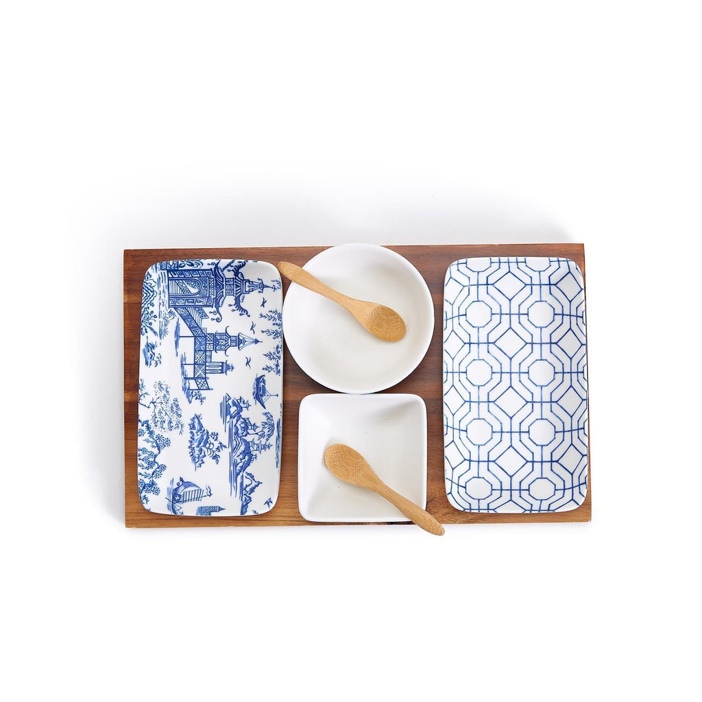 Chinoiserie Tapas Serving Set - 7-Piece Blue and White Porcelain with Acacia Wood Tray