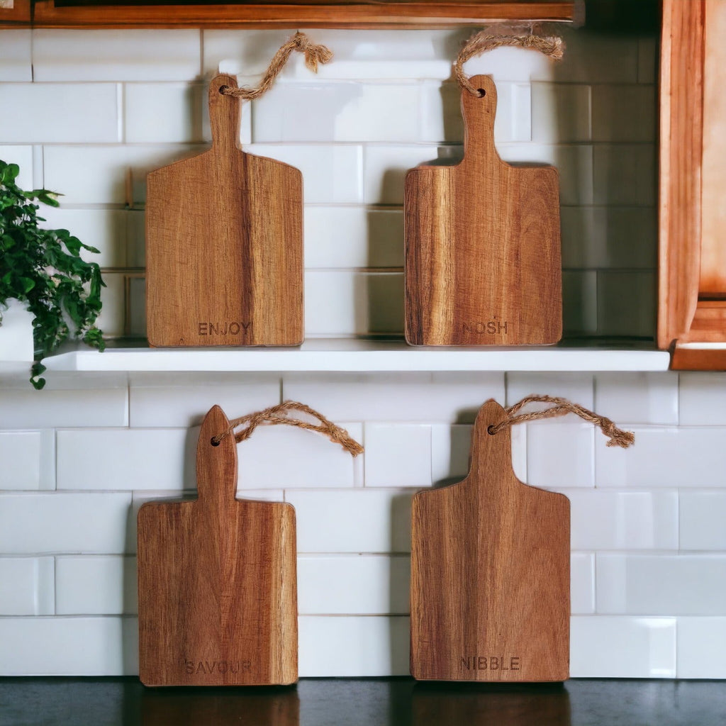 Acacia Wood Charcuterie Boards – Set of 4 | Enjoy, Nibble, Nosh & Savor