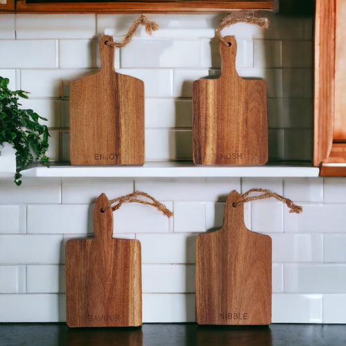 Acacia Wood Charcuterie Boards – Set of 4 | Enjoy, Nibble, Nosh & Savor