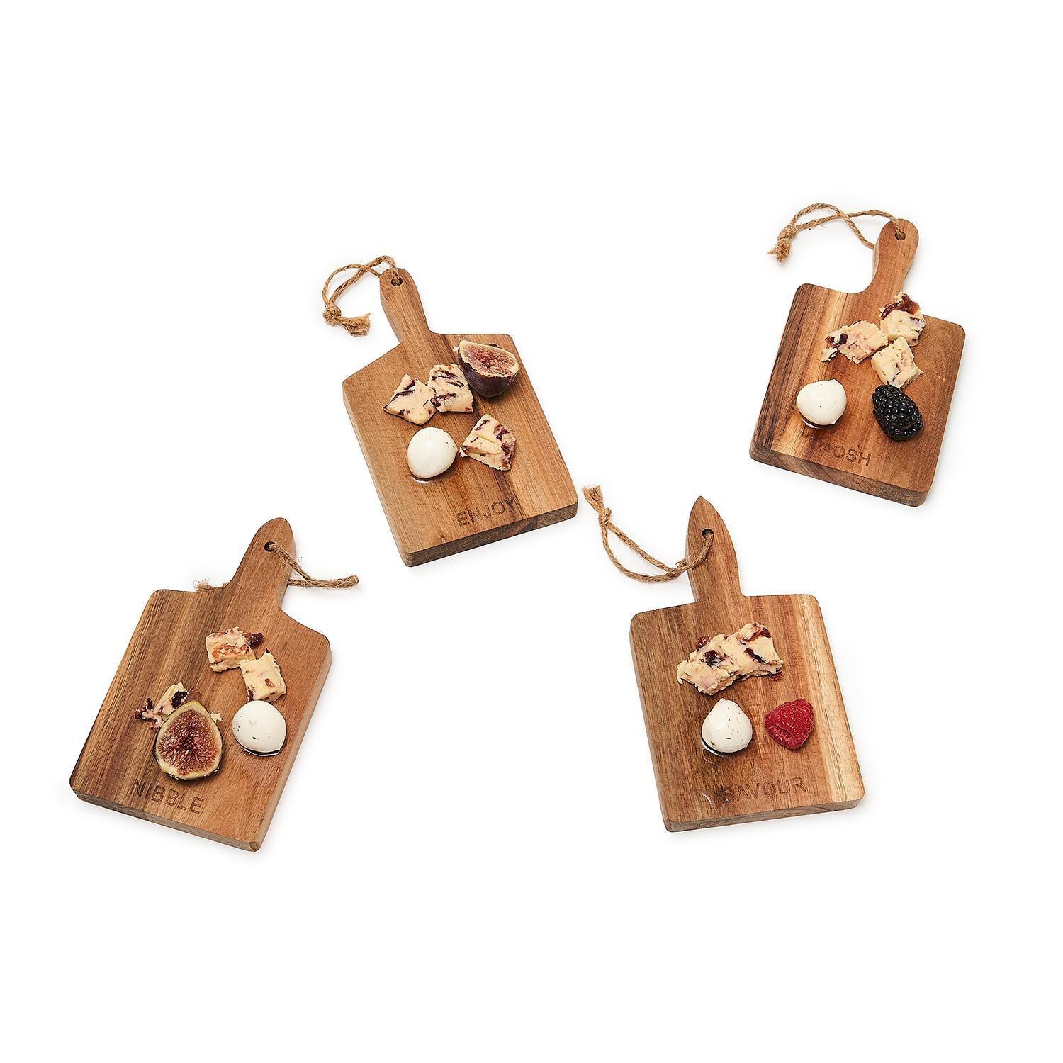 Acacia Wood Charcuterie Boards – Set of 4 | Enjoy, Nibble, Nosh & Savor