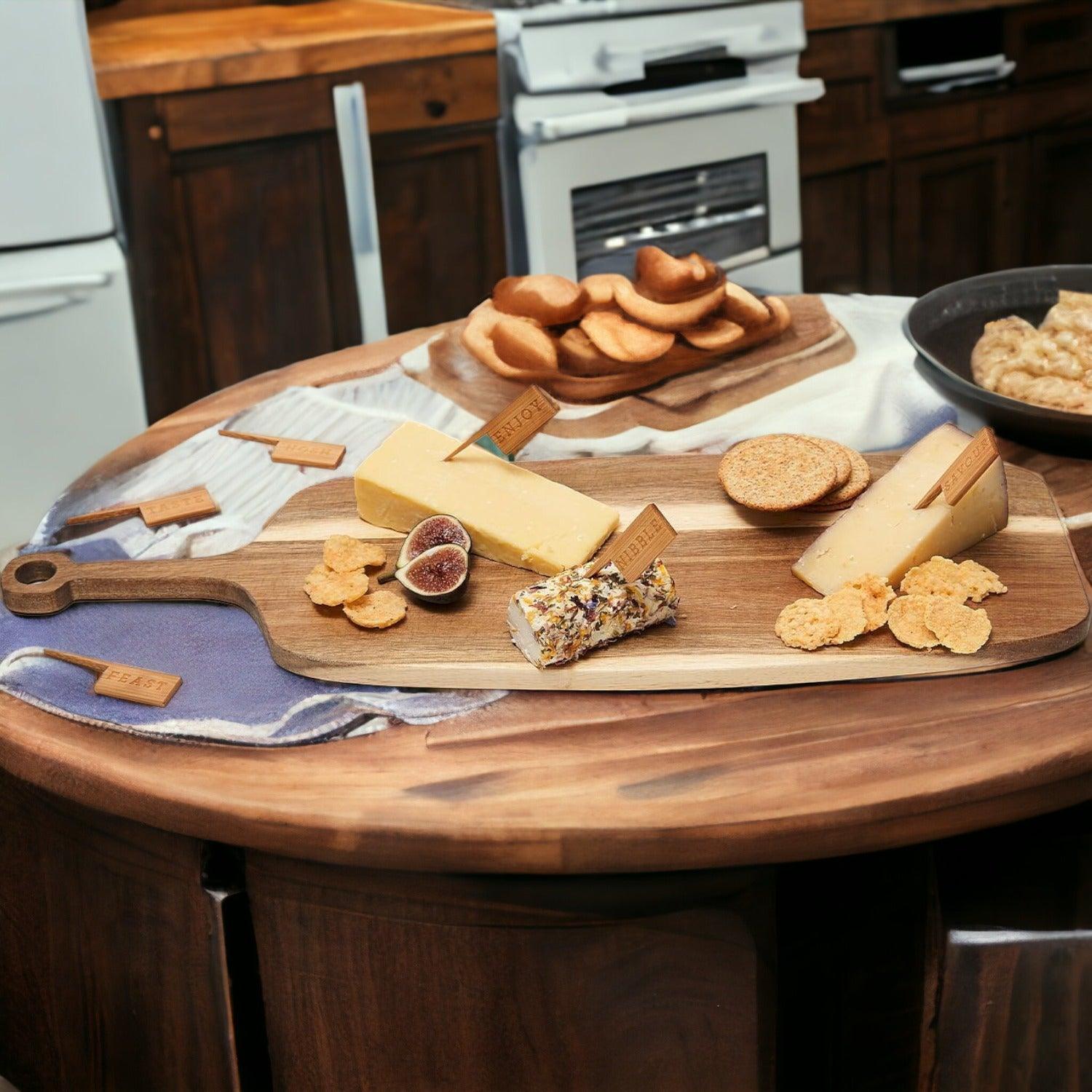 Acacia Wood Serving Board with 6 Bamboo Cheese Markers - 23" | Handmade | Gia Roma