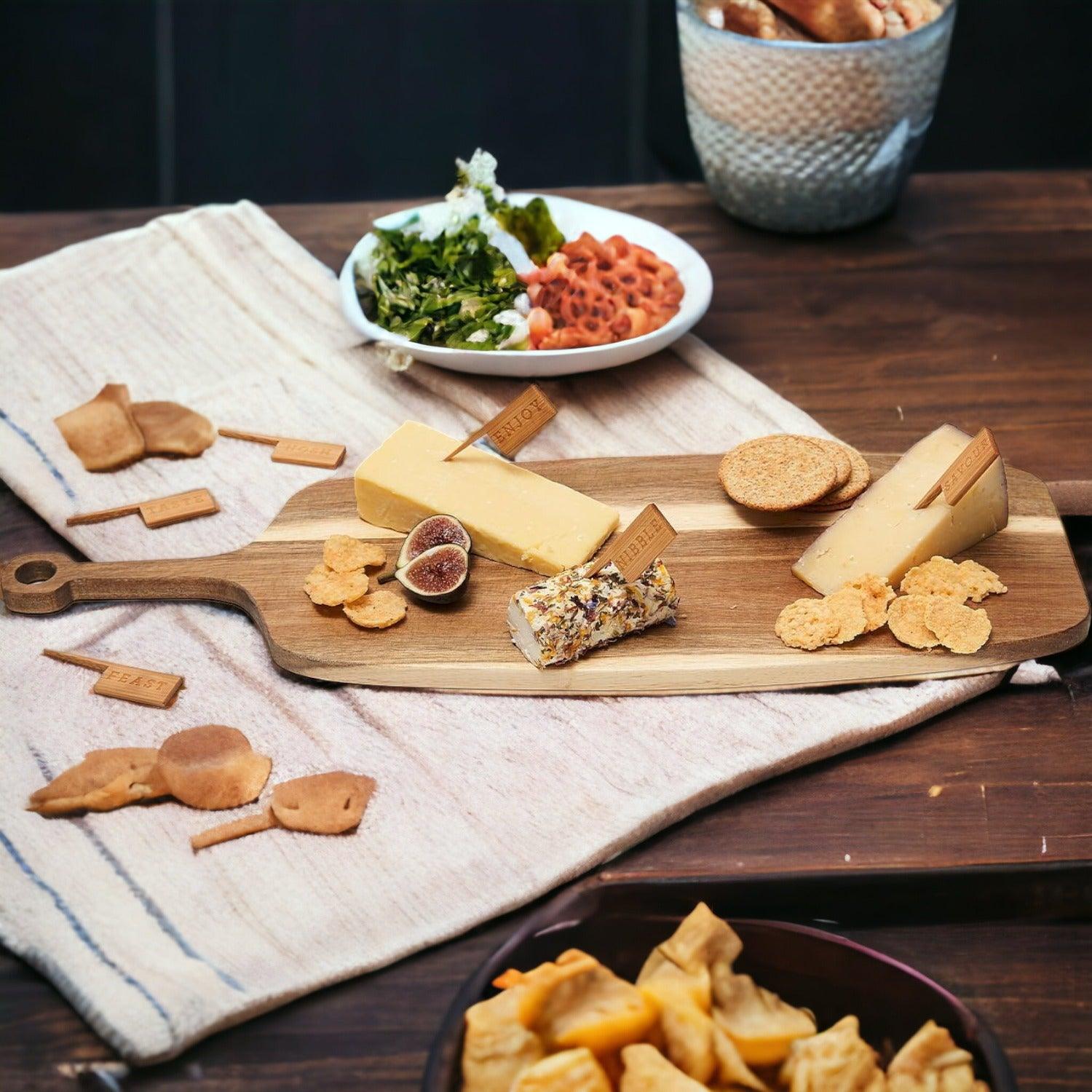Acacia Wood Serving Board with 6 Bamboo Cheese Markers - 23" | Handmade | Gia Roma
