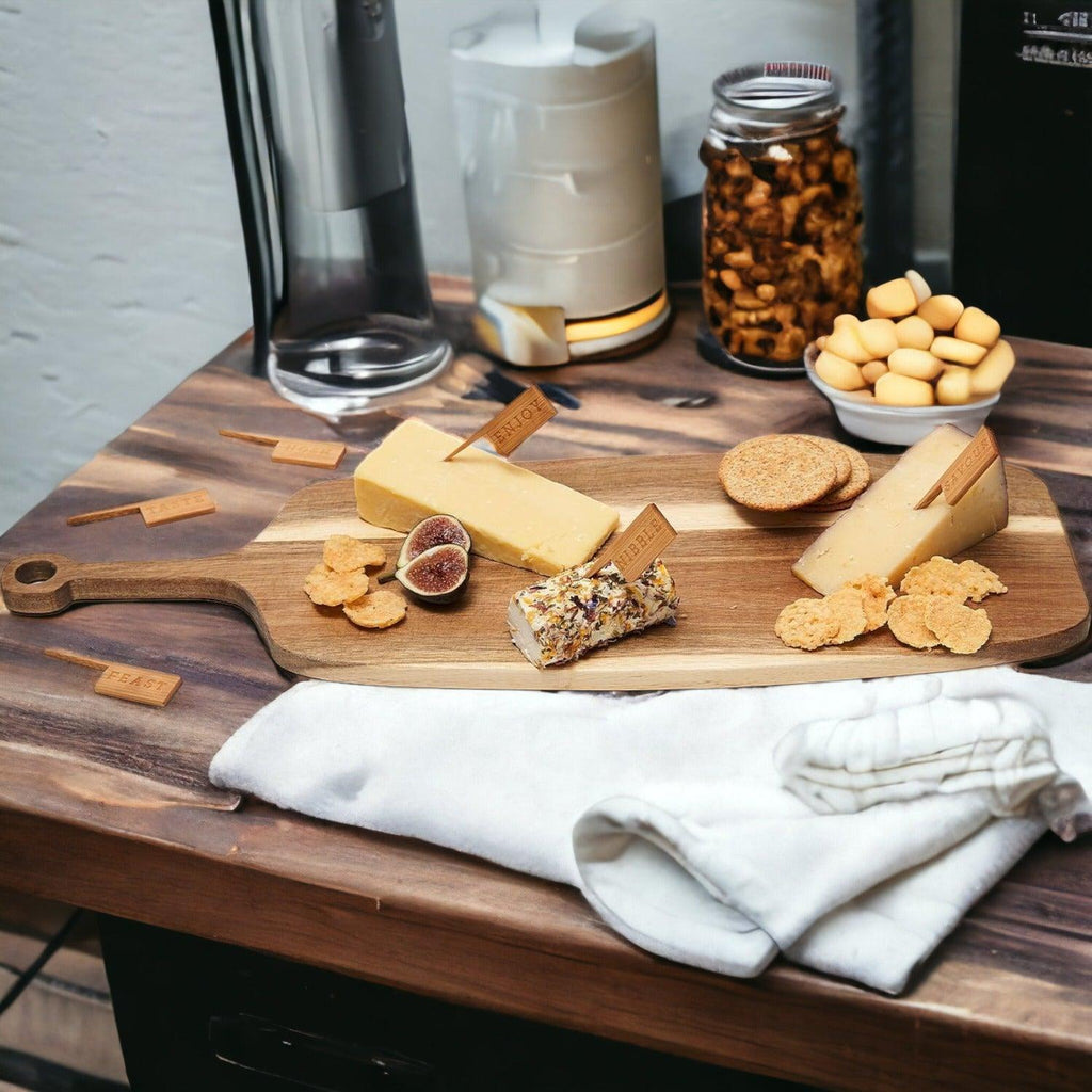 Acacia Wood Serving Board with 6 Bamboo Cheese Markers - 23" | Handmade | Gia Roma