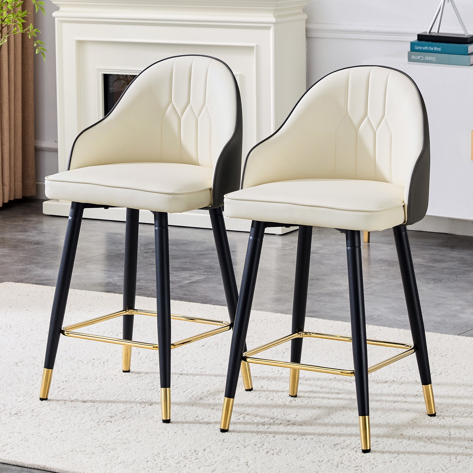White & Dark Gray PU Leather Bar Stools – Set of 2 | 37.7" High with Ergonomic Backrest & Gold Footrest