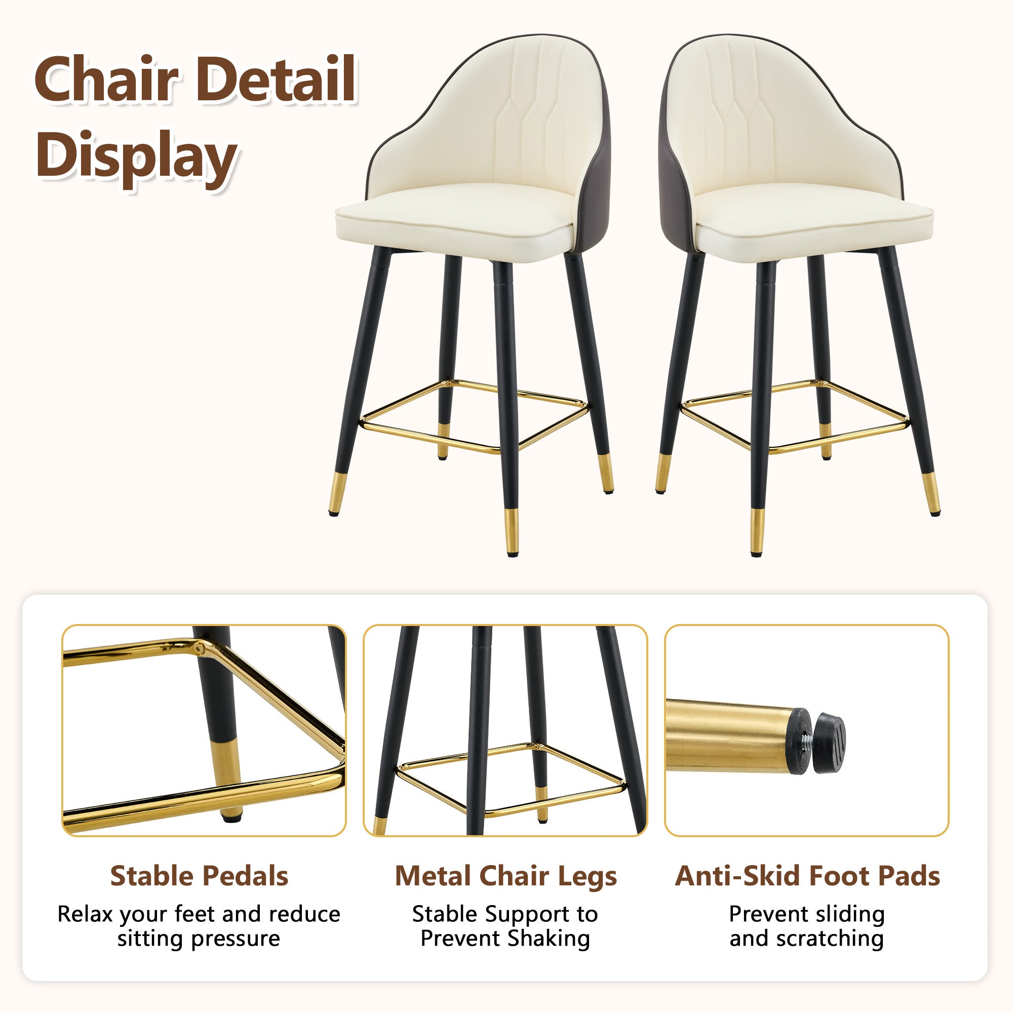 White & Dark Gray PU Leather Bar Stools – Set of 2 | 37.7" High with Ergonomic Backrest & Gold Footrest