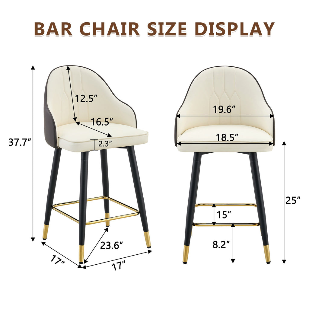 White & Dark Gray PU Leather Bar Stools – Set of 2 | 37.7" High with Ergonomic Backrest & Gold Footrest