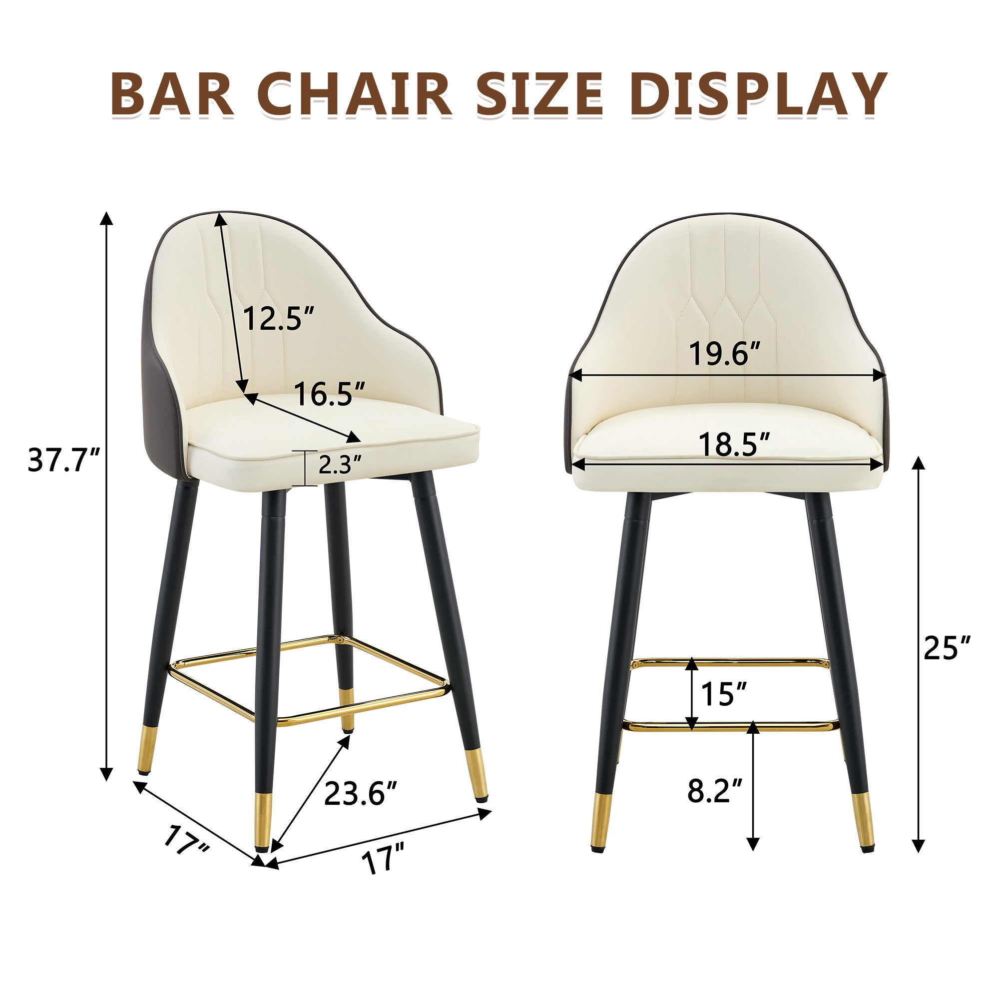 White & Dark Gray PU Leather Bar Stools – Set of 2 | 37.7" High with Ergonomic Backrest & Gold Footrest