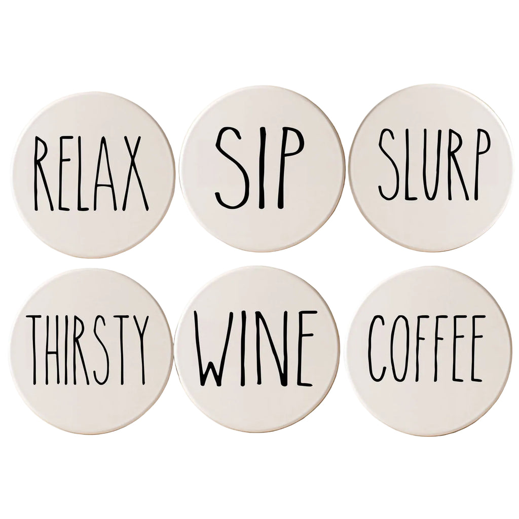 Coasters with relax, sip, slurp, thirsty, wine, coffee.