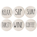 Coasters with relax, sip, slurp, thirsty, wine, coffee.