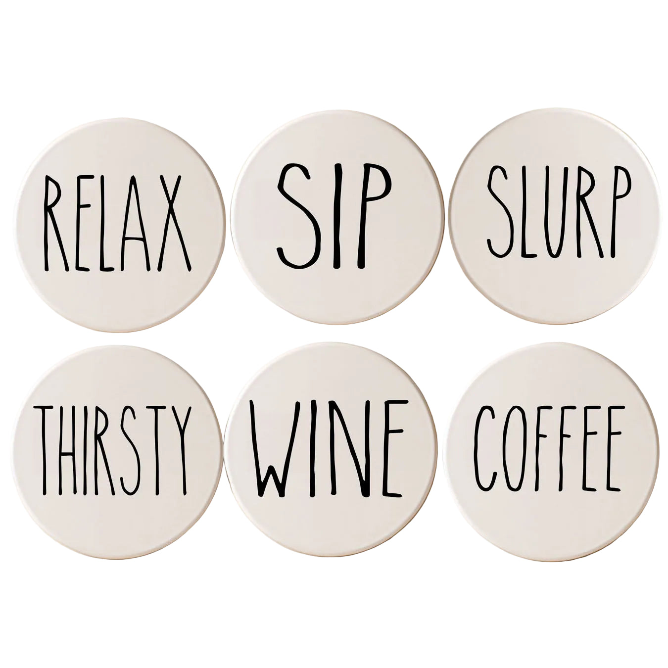 Coasters with relax, sip, slurp, thirsty, wine, coffee.