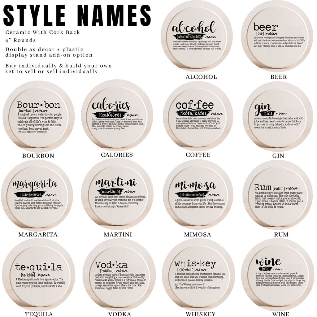 Drink Definition Ceramic Coasters - 14 Drinks | Single, 4-Pack or 6-Pack