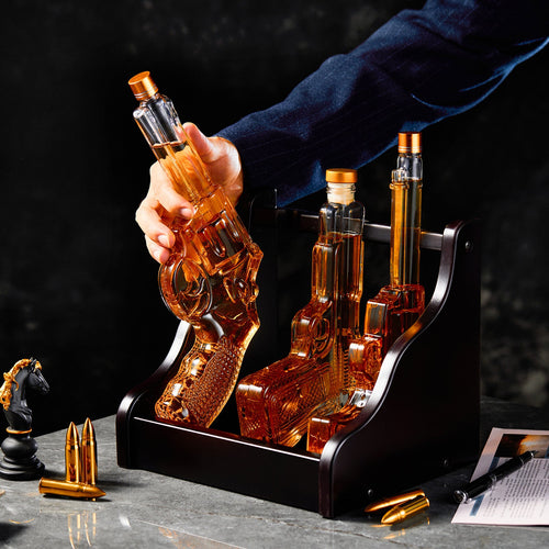 3-Piece Gun Whiskey Decanter Set - Pistol & Revolver | Lead-Free Borosilicate Glass