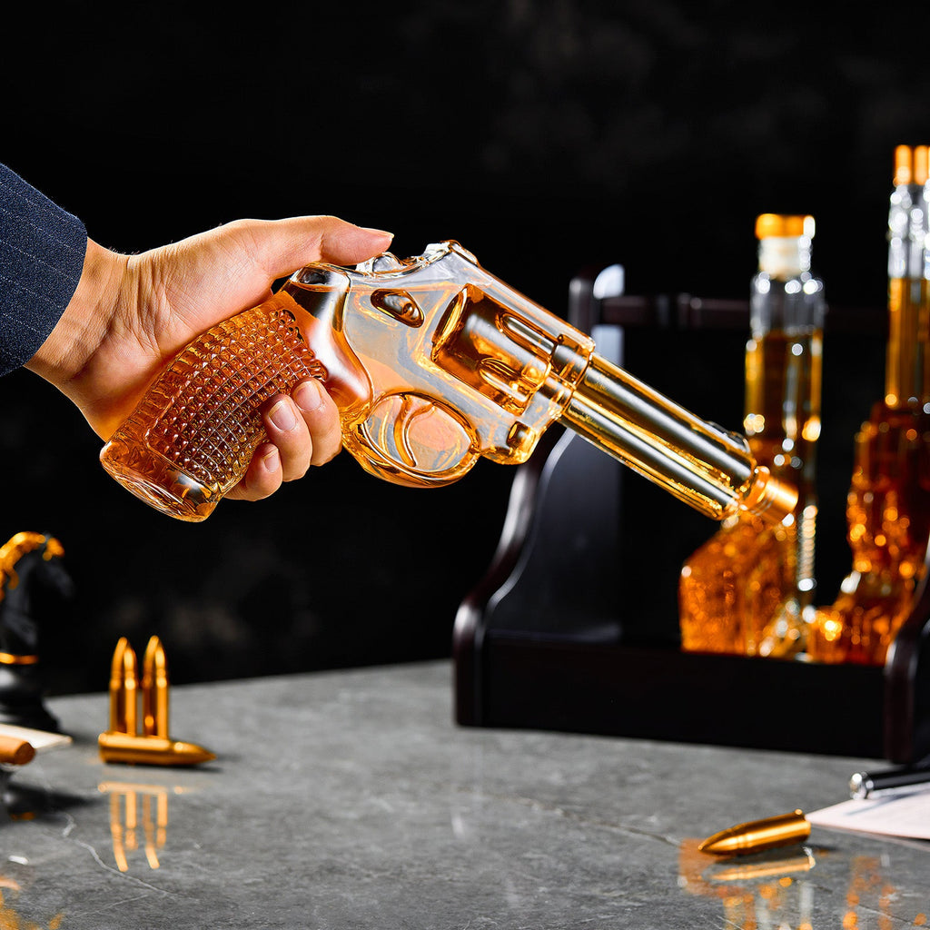 3-Piece Gun Whiskey Decanter Set - Pistol & Revolver | Lead-Free Borosilicate Glass