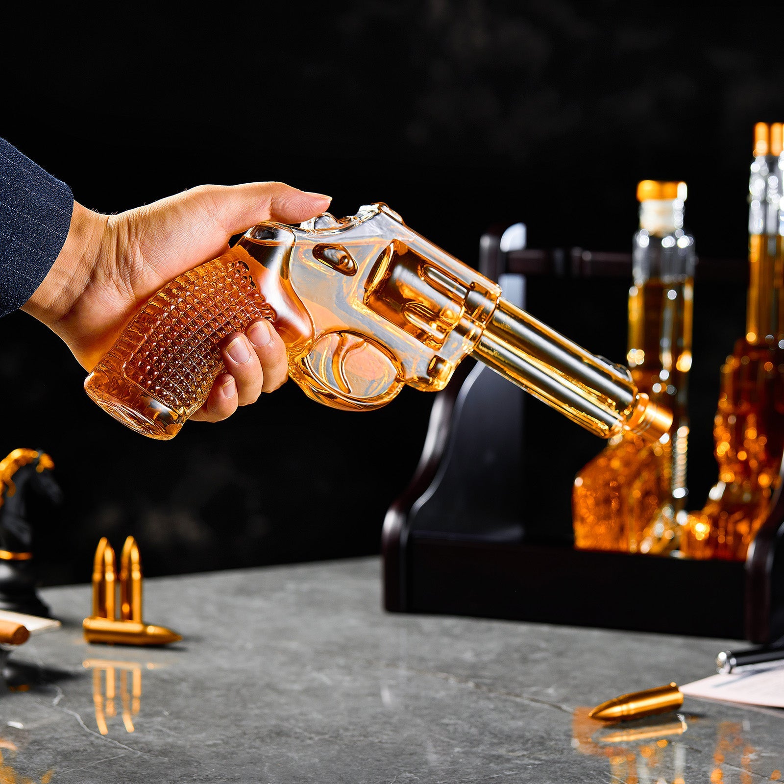3-Piece Gun Whiskey Decanter Set - Pistol & Revolver | Lead-Free Borosilicate Glass