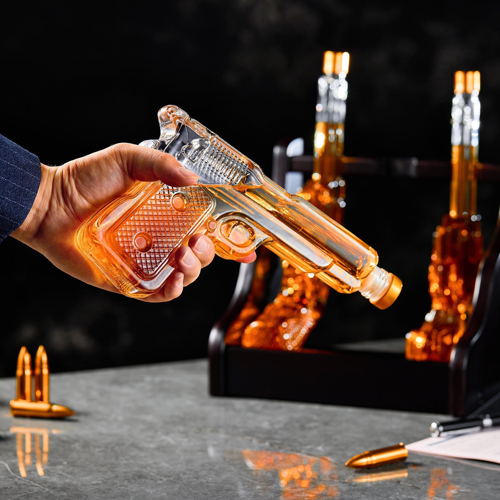 3-Piece Gun Whiskey Decanter Set - Pistol & Revolver | Lead-Free Borosilicate Glass