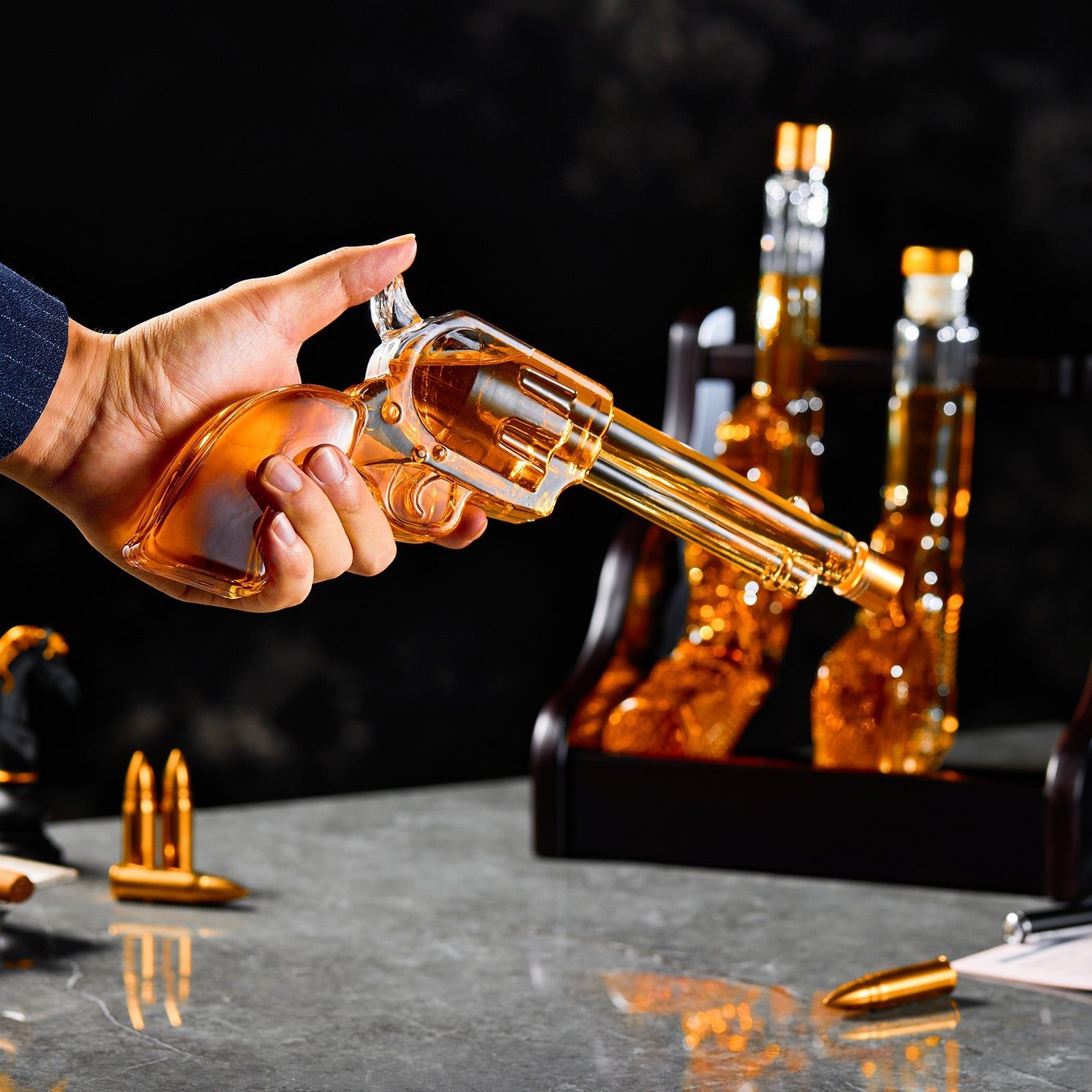 3-Piece Gun Whiskey Decanter Set - Pistol & Revolver | Lead-Free Borosilicate Glass