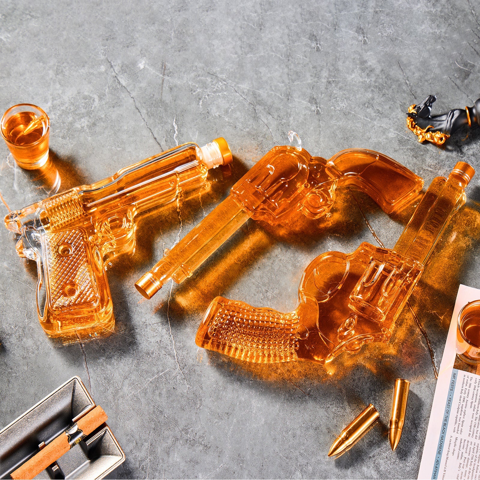 3-Piece Gun Whiskey Decanter Set - Pistol & Revolver | Lead-Free Borosilicate Glass