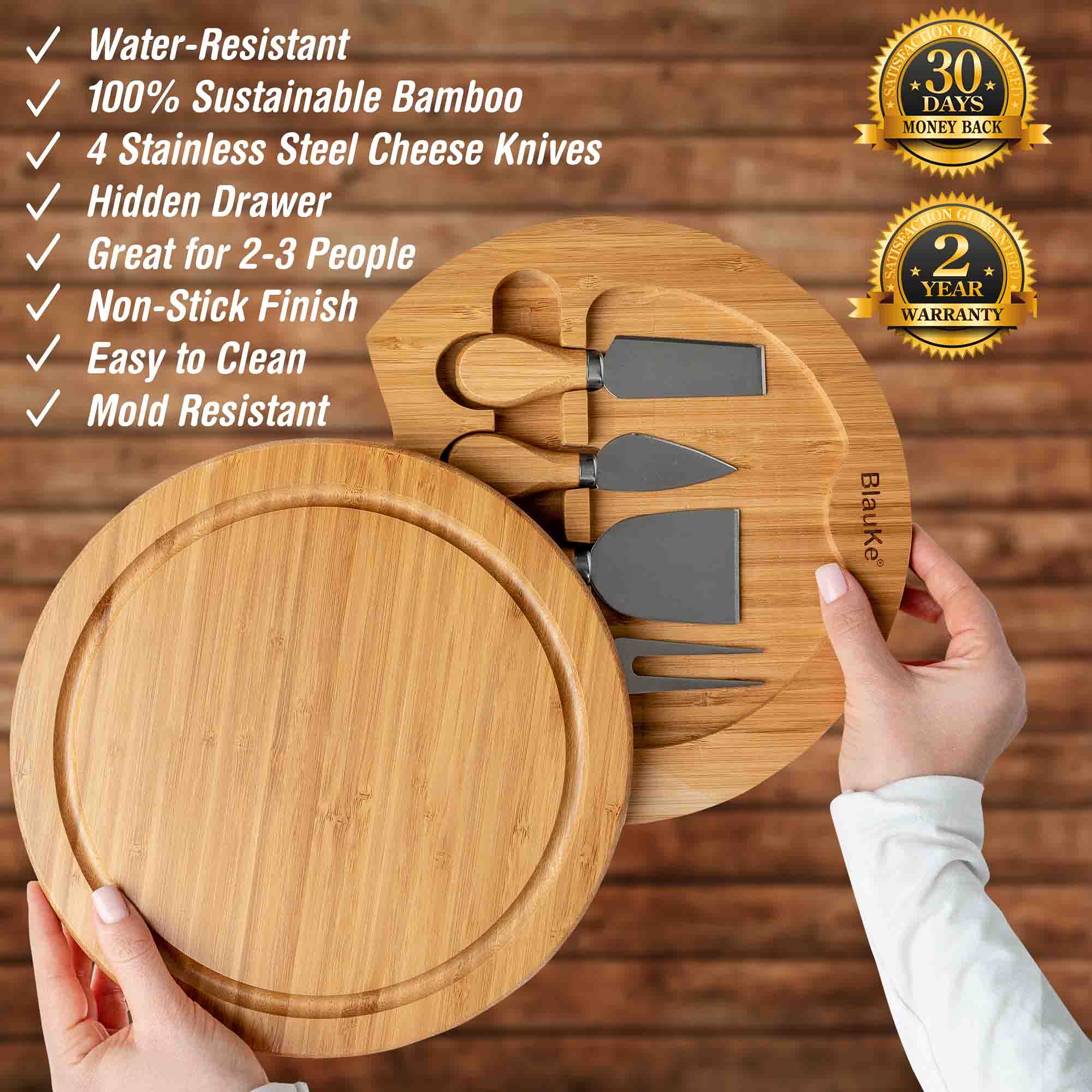 Swiveling Bamboo Cheese Board & Knife Set – 10" Round Charcuterie Board with Hidden Drawer