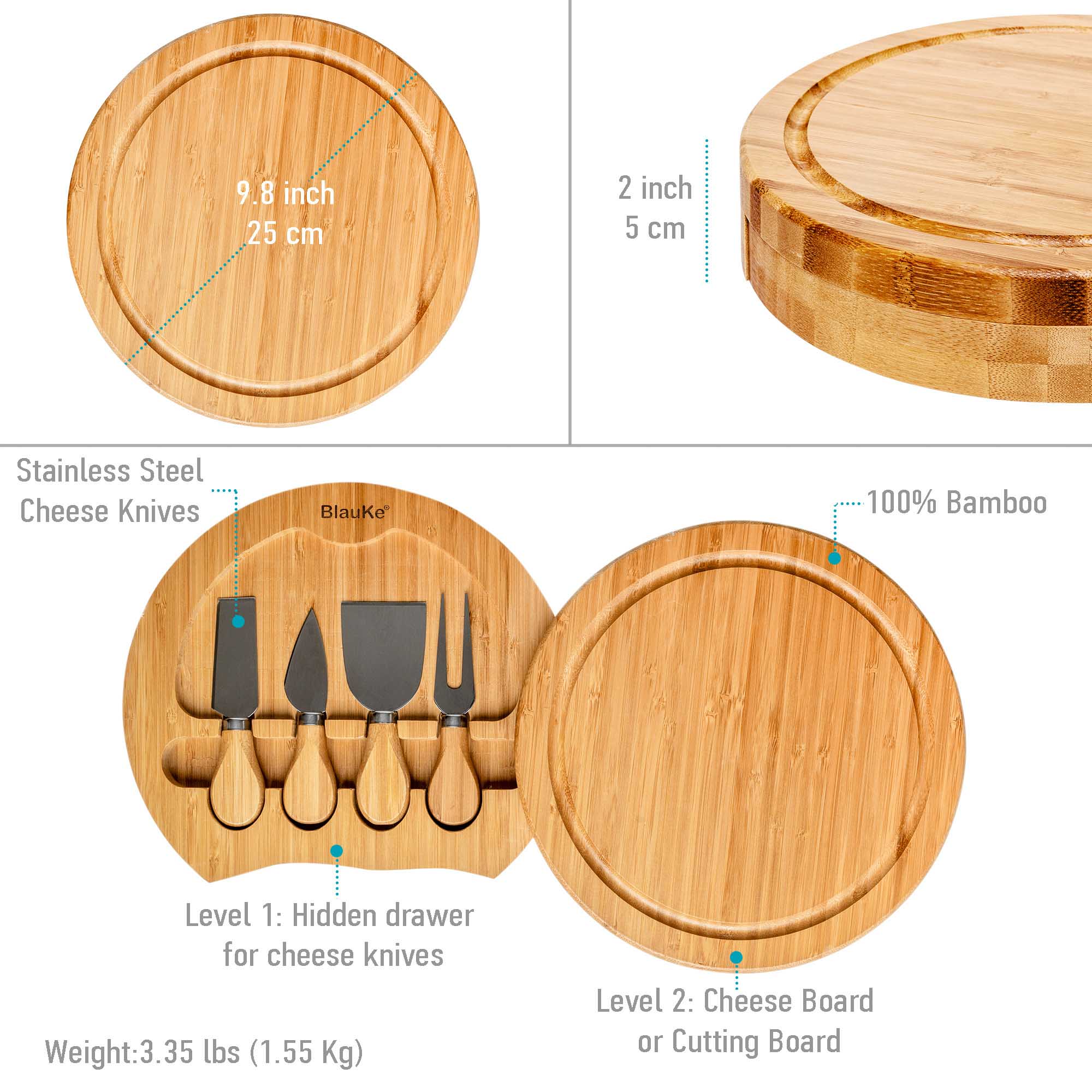 Swiveling Bamboo Cheese Board & Knife Set – 10" Round Charcuterie Board with Hidden Drawer